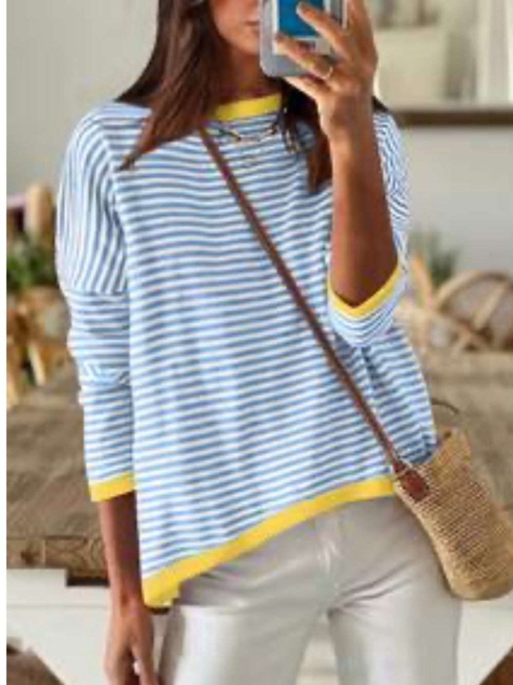 Striped Crewneck Sweater in Light Blue, White & Yellow Trim